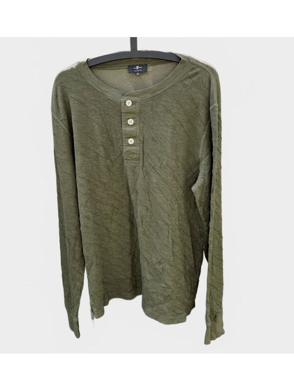 7 for all Mankind Mens Long Sleeve Waffle Knit Henley Shirt  Olive Green Med